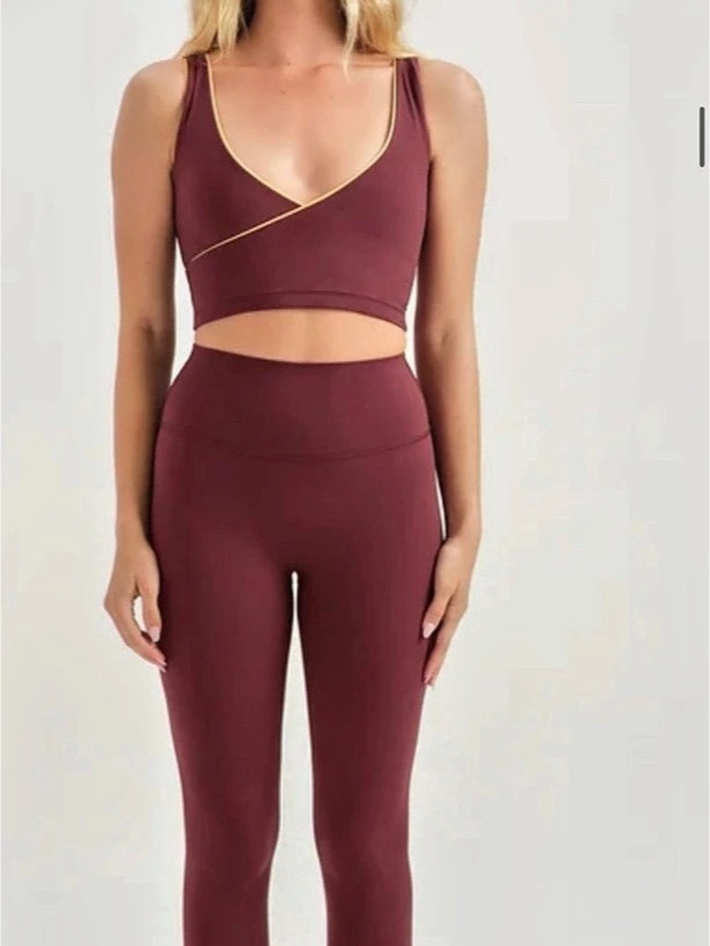 SET Active Breathe Contrast Wrap Bra and Leggings Burgundy Set full not worn115